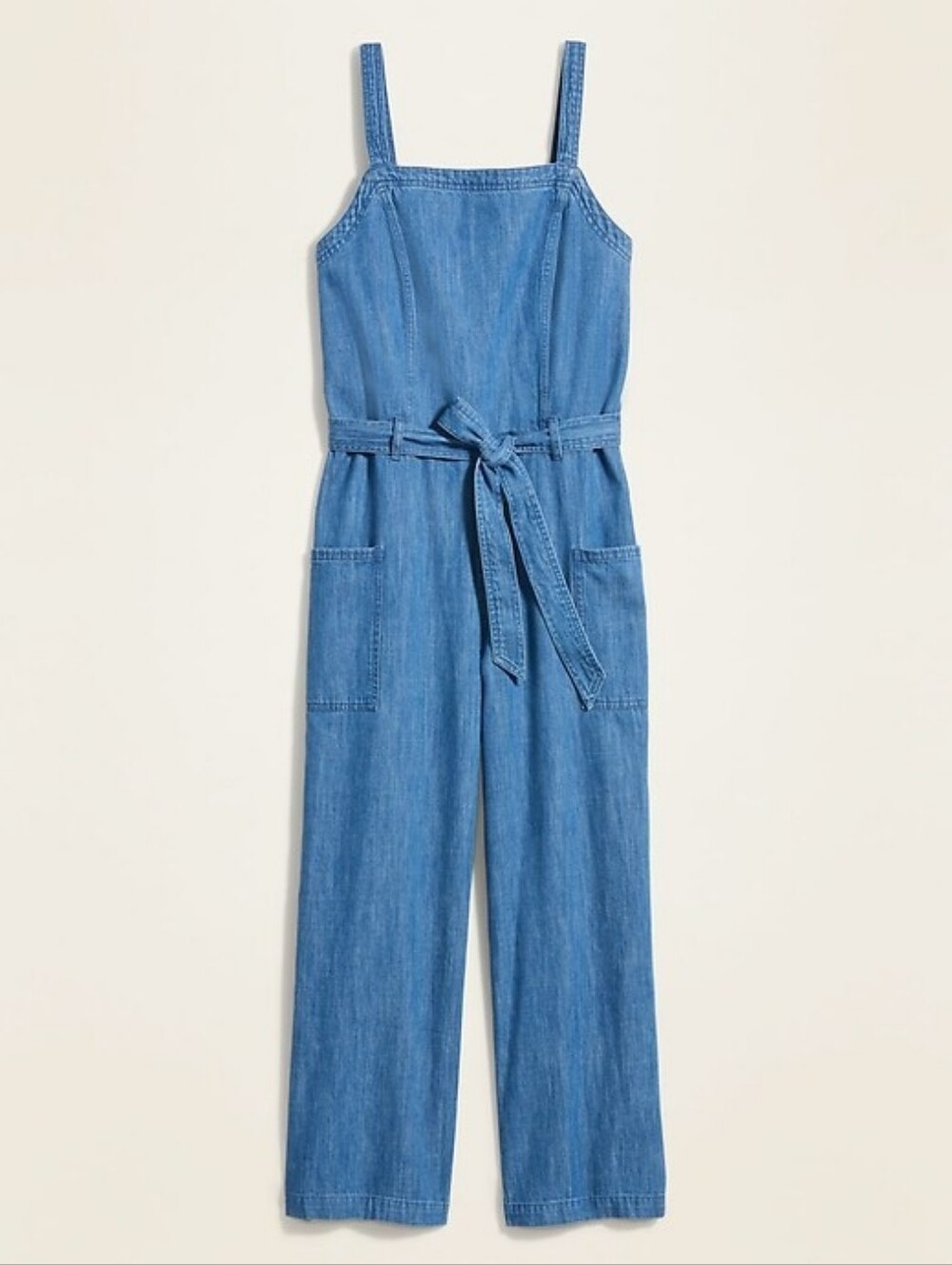 Sleeveless Tie-Belt Utility Jean Jumpsuit